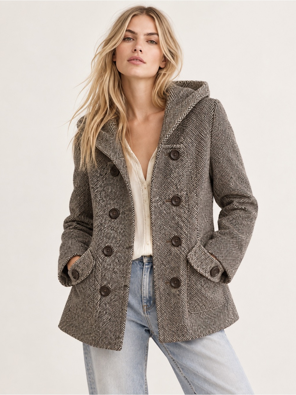Wool-Blend Hooded Peacoat Jacket